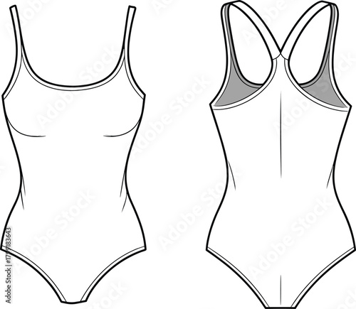 Women’s bodysuit vector template with front and back view, fashion flat sketch, apparel design technical drawing for clothing designers