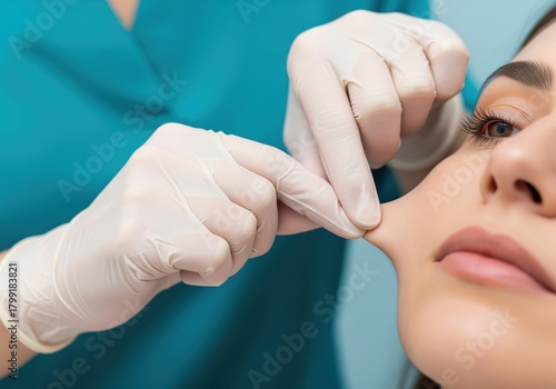 Aesthetic doctor checking woman facial skin elasticity for anti aging treatment