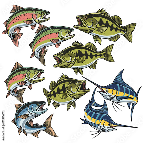 A vibrant illustration showcasing a diverse array of fish species, including trout, bass, and marlin, rendered in a detailed and colorful cartoon style isolated on