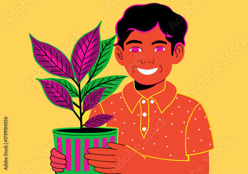 Smiling Boy Caring for a Potted Plant with Vibrant Leaves