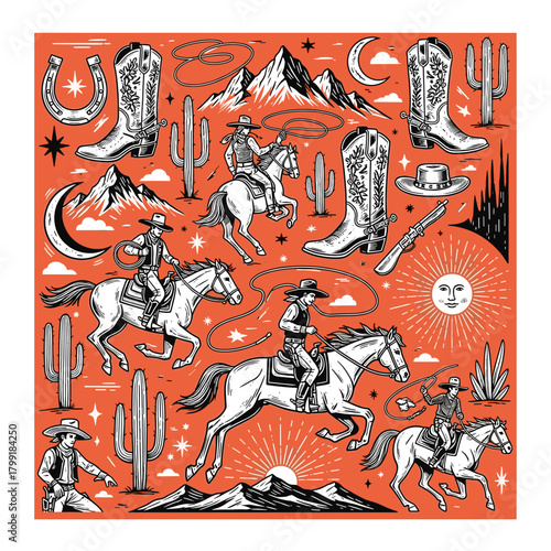 Vintage western cowboy bandana design a nostalgic illustration with cowboys, horses, cacti, and western motifs on an orange background for a classic look