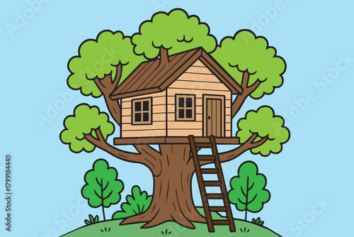 A detailed vector design featuring a brown treehouse perched on a thick, leafy tree, combining natural textures and calm surroundings to create a cozy, nature inspired retreat.