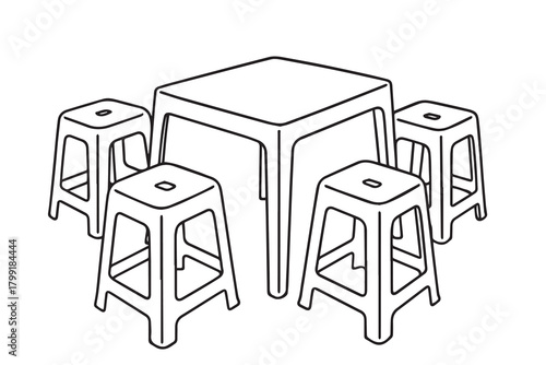 A black and white vector concept portraying one table with four plastic stools placed casually around it, emphasizing a laid-back vibe and clean, minimalist styling ideal for relaxed spaces.