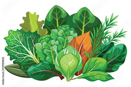 Assorted colorful leafy vegetables are densely arranged together in this beautiful and vibrant image