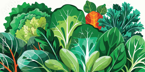 A variety of green leafy vegetables are arranged in a vibrant and artistic garden
