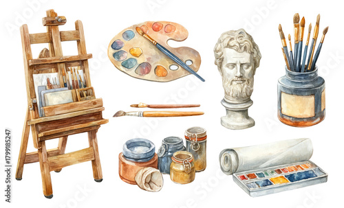 Artistic Atelier with Watercolor Supplies and Classical Elements on Transparent Background