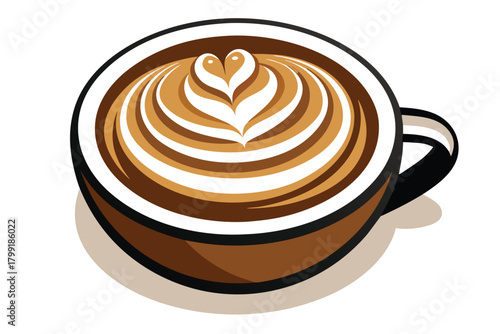 Cappuccino in a brown mug shows a heart design made of foam swirls