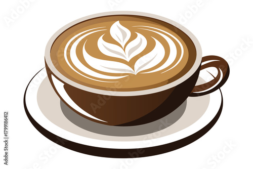 Exquisite latte art adorns a brown coffee cup set upon a matching saucer