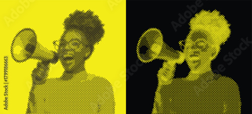 Halftone Illustration of Black Woman Screaming into the Megaphone on Yellow and Black Background. Retro Set. Vector Vintage Poster.