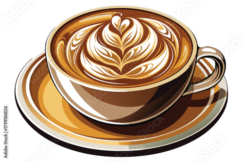 Delicious cappuccino rests on saucer adorned with floral latte art perfection above