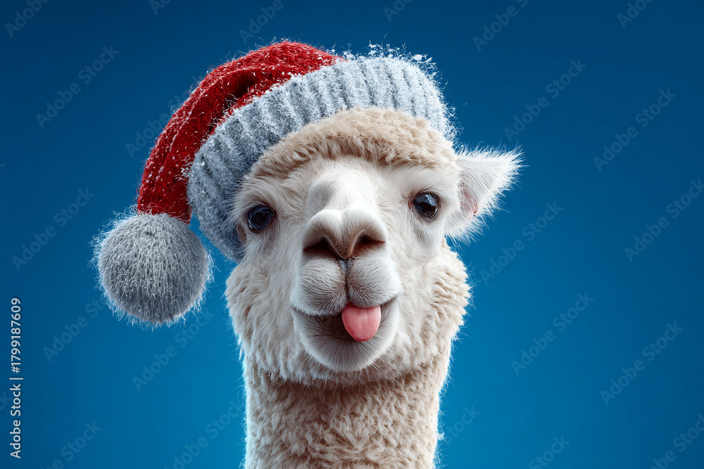 Naklejka premium A festive alpaca sports a red and white pompom hat and sticks out its tongue in a playful pose against a blue background