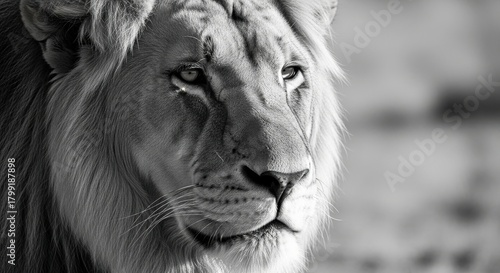 Monochromatic portrait of a majestic male lion showcasing its intense gaze and intricate facial