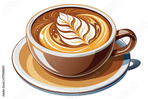 Artistic cappuccino with a leafy design sits inside a brown cup on a saucer