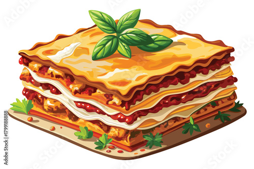 Lasagna with layers of meat sauce, cheese, and pasta topped with basil looks quite appetizing