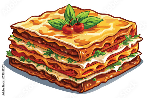 lasagna displays a flavorful layered pasta dish with fresh basil and tomatoes for garnish