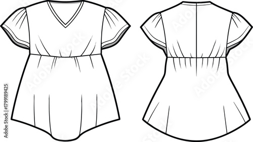 Professional women’s flared blouse fashion flat sketch, detailed CAD garment template, vector technical drawing for apparel design and sewing pattern illustration