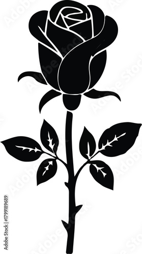Black and white floral silhouette featuring a rose with decorative leaves and butterfly elements