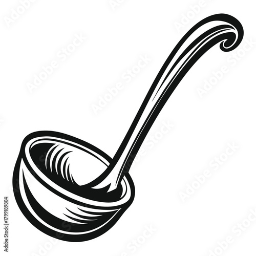 Black ladle illustration presents a classic serving spoon shape against a white background