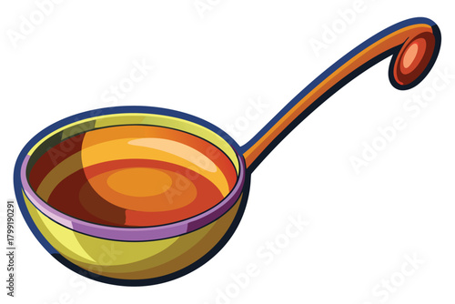 A brightly colored cartoon ladle filled with delicious orange liquid sits on the white background