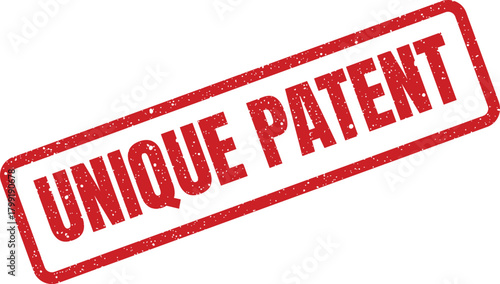 Distressed red rectangular rubber stamp impression featuring the text Unique Patent for legal documents