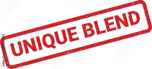 Distressed red rectangular rubber stamp showing UNIQUE BLEND text, often used for product differentiation
