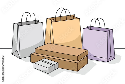 Shoe Boxes and Paper Bags – Cartoon Shopping Packages, Gift Containers and Hand-Drawn Boutique Packaging in a Vector Merchandise Composition for Store Discounts
