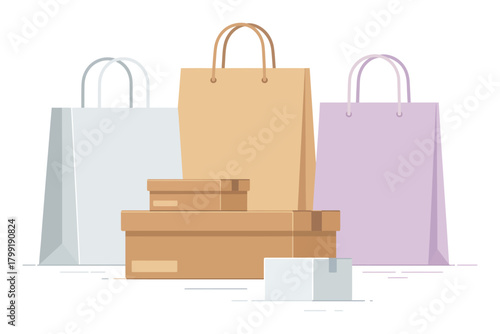 Shoe Boxes and Paper Bags – Cartoon Shopping Packages, Gift Containers and Hand-Drawn Boutique Packaging in a Vector Merchandise Composition for Store Discounts