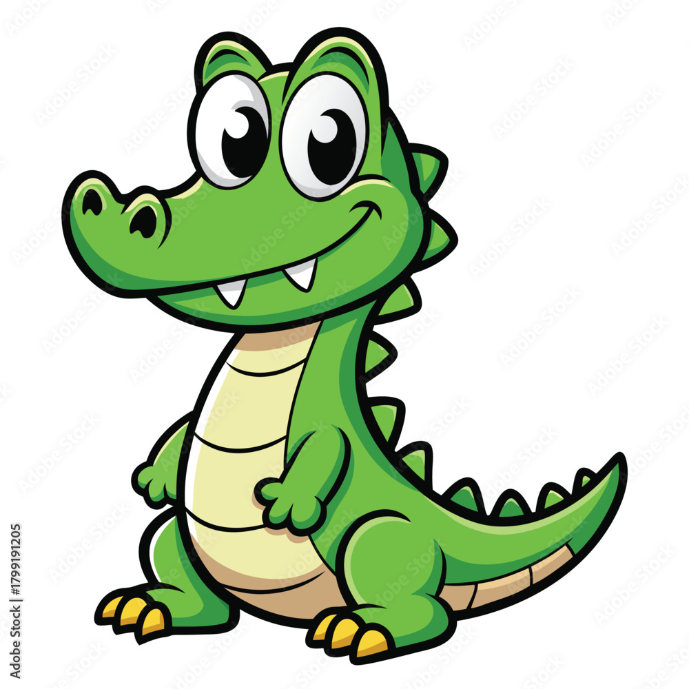 Fototapeta premium Cartoon Style of a Green Crocodile Sitting Isolated on White Background