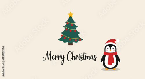 Festive Holiday Scene with a Cute Penguin and Decorated Christmas Tree Vector Art