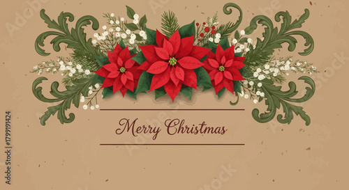 Elegant Christmas greeting card design with vintage poinsettia flowers and foliage
