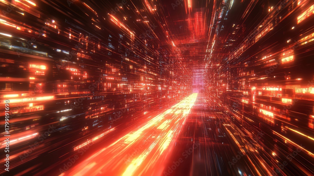 Obraz premium Digital data stream tunnel with glowing light speed