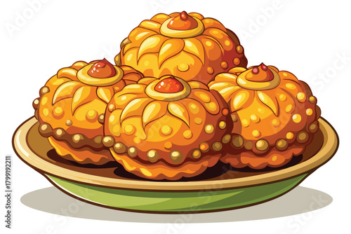 Sweet golden pastry balls are displayed beautifully on a green and tan colored plate