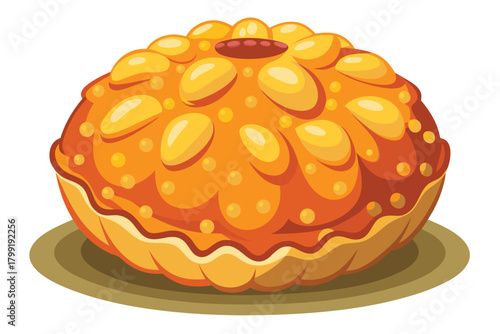 Shiny orange pie topped with apricot glaze rests on a brown plate