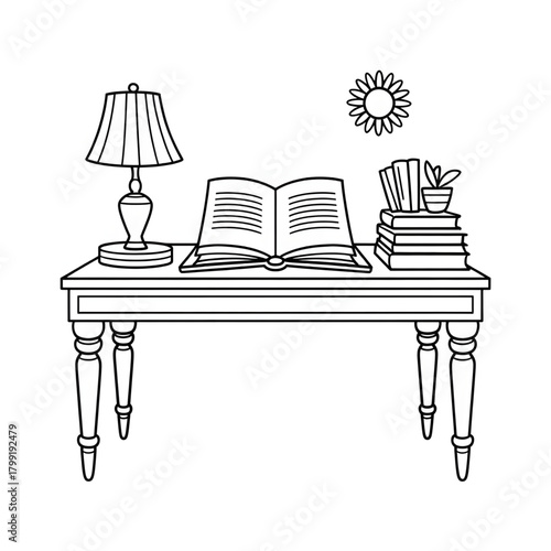 Study Desk with Open Book, Lamp, and Books Stack Illustration coloring page 