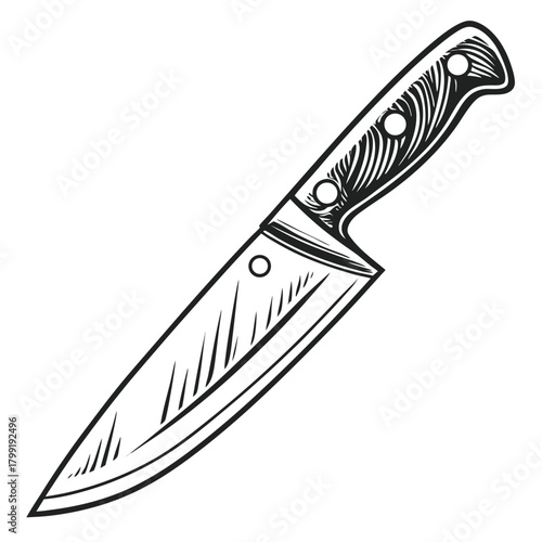 The outlined chef's knife, with a curved black handle and metal blade, sits stationary
