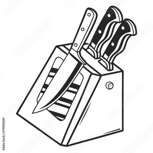 Block with chef knives presents a black and white kitchen tool drawing