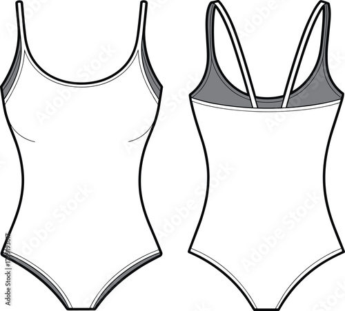 Professional swimsuit bodysuit fashion flat sketch, detailed CAD garment template, vector technical drawing for apparel design, sewing pattern illustration