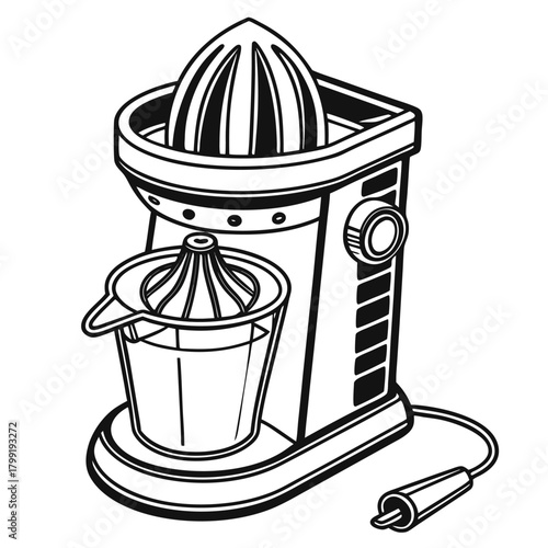 Elegant outlined electric citrus juicer showcases simplicity and functionality in monochrome illustration style