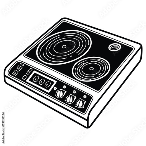 Black and white cooktop with two round burners displays modern kitchen technology clearly