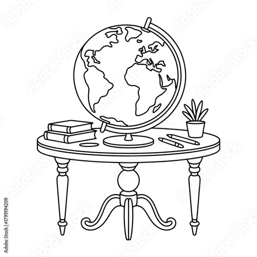 illustration of a globe table coloring page line art