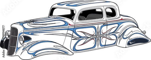 Classic car illustration with detailed bodywork and decorative elements