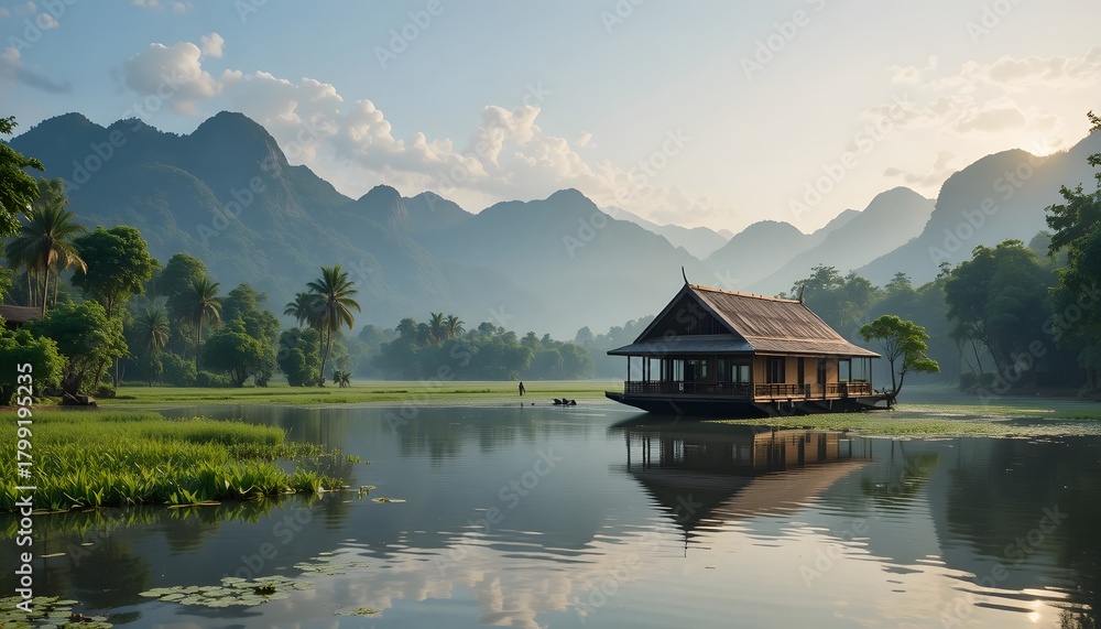 Fototapeta premium Serene Mountain Landscape with Traditional House by Calm Water