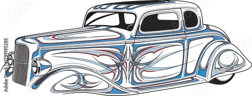 Classic car illustration with detailed custom paintwork isolated on black