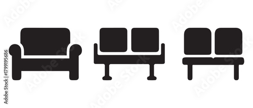 Modern seating furniture icon set. chair, bench, waiting area.