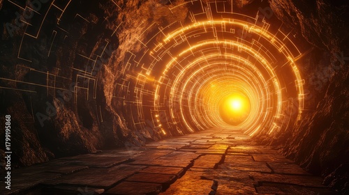 Fototapeta Naklejka Na Ścianę i Meble -  Dark cave tunnel with glowing technology portal