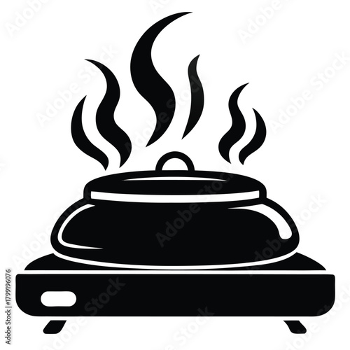 Black cooking pot sits on warmer with rising steam above in black image