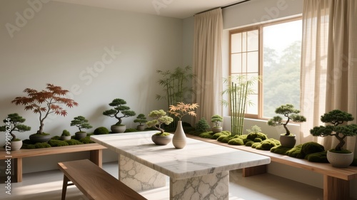 Modern Japanese Zen room with bonsai and marble table in natural light