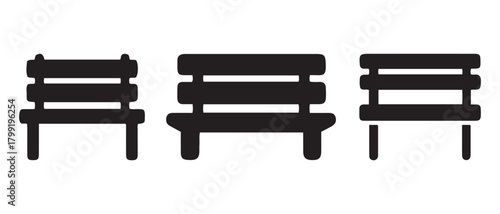 Distinct black bench icons for public seating design elements.