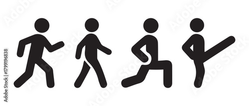 Human activity icons. running, walking, lunging, kicking postures.