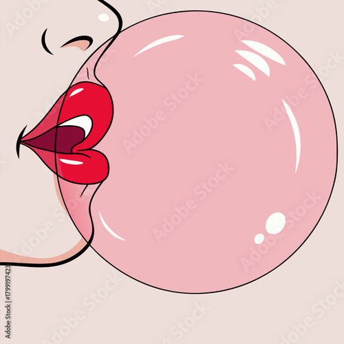Woman Blowing Pink Bubble Gum - Retro Pop Art Style